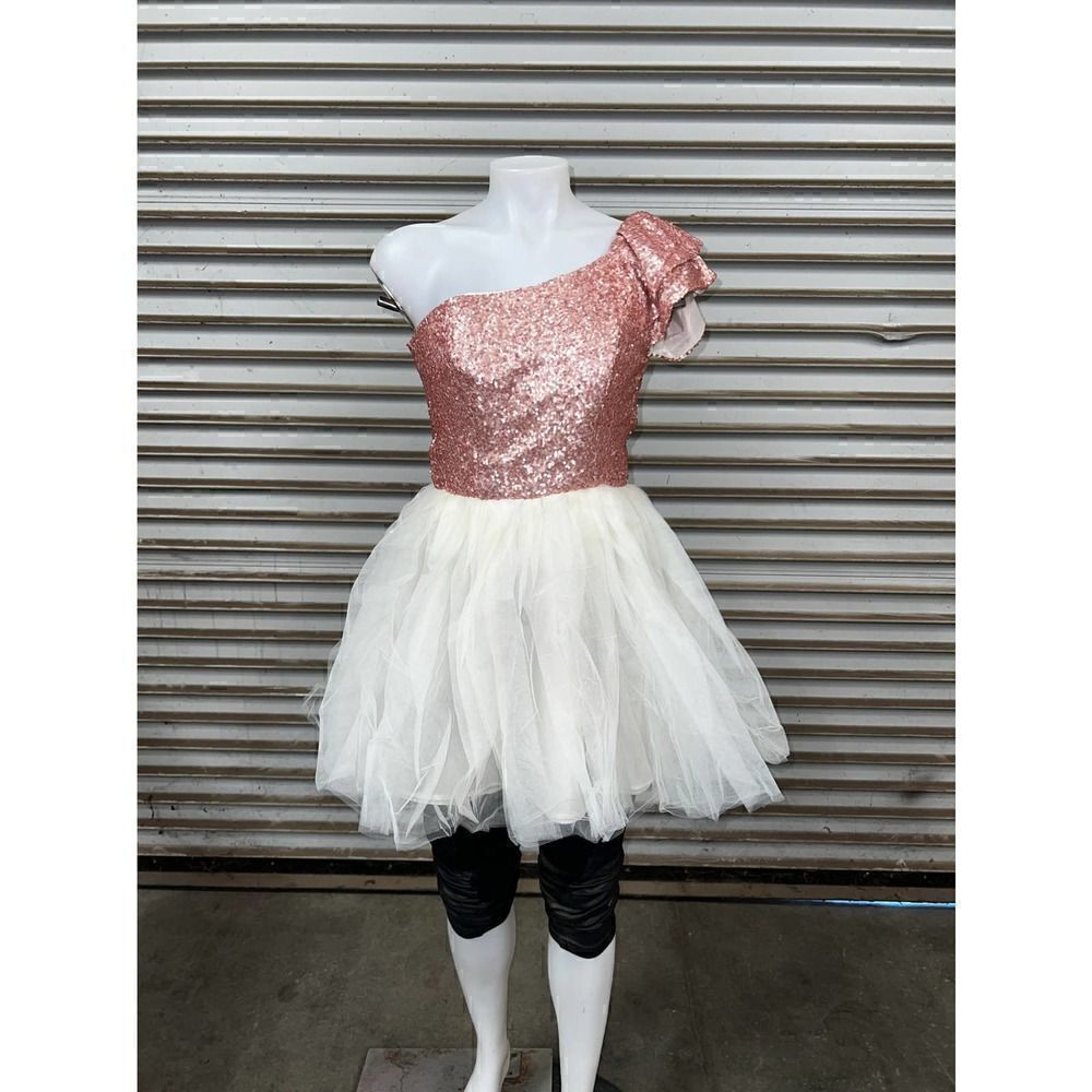 Asos dress evening tulle skirt pink sequined tip asymmetrical one sleeve